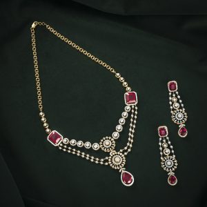 GOLD RUBY & DIAMOND NECKLACE & EARRING SET