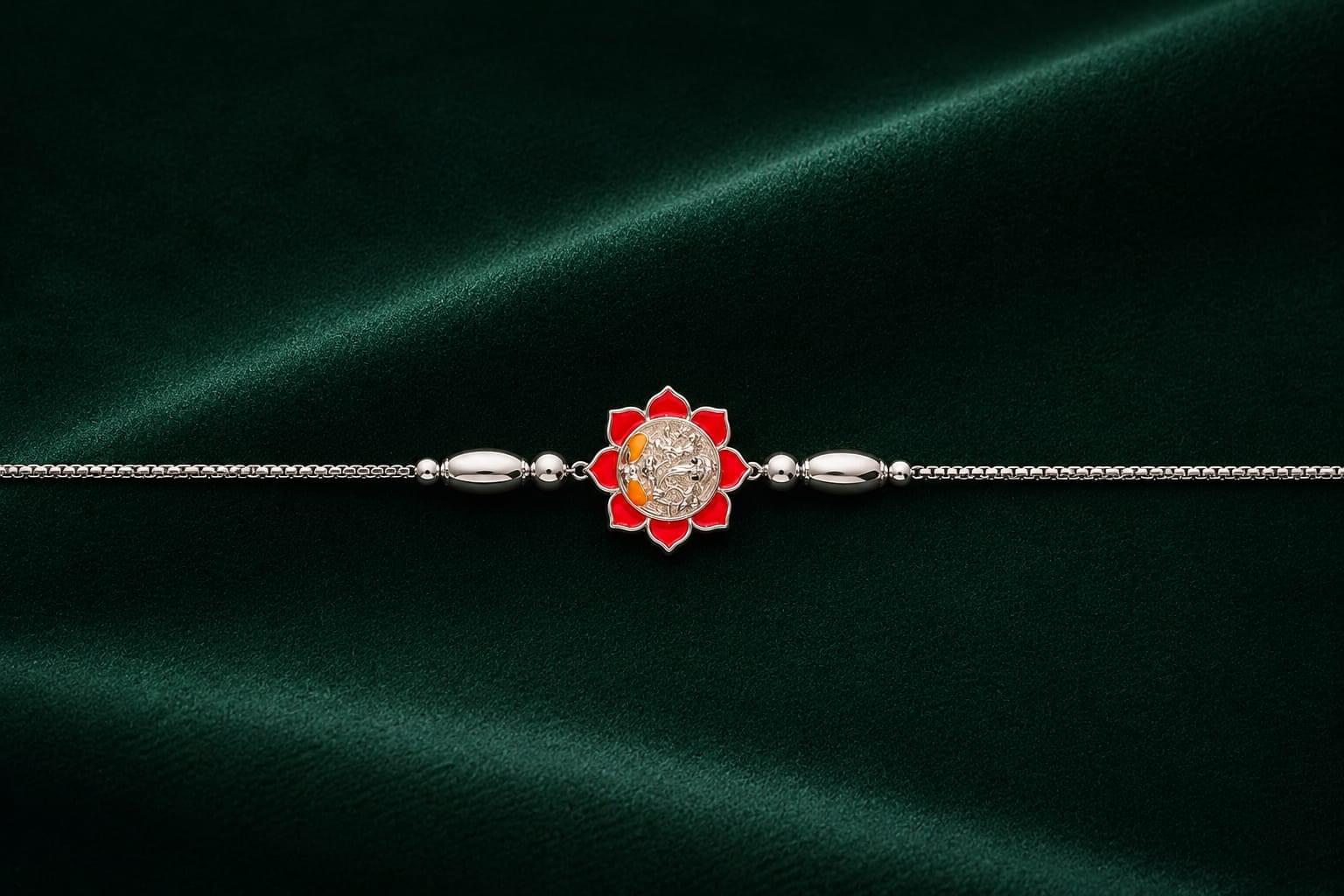 RED LOTUS GANESHA SILVER RAKHI